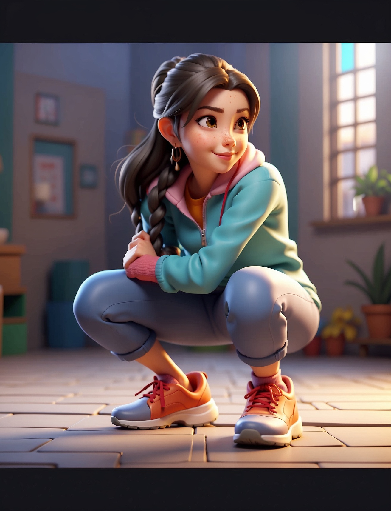 3D Cartoon Style Squat Doing Girl Image, Posing From The Right Side