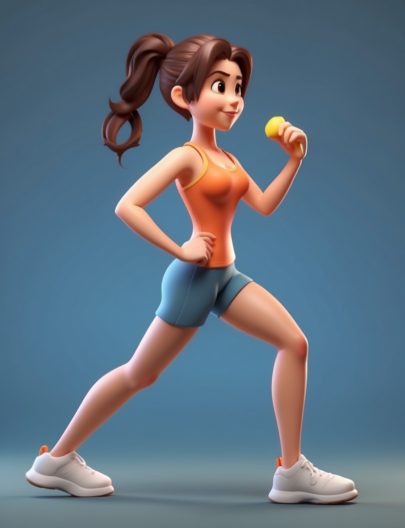 3d cartoon style female doing exercise, posing from the right side